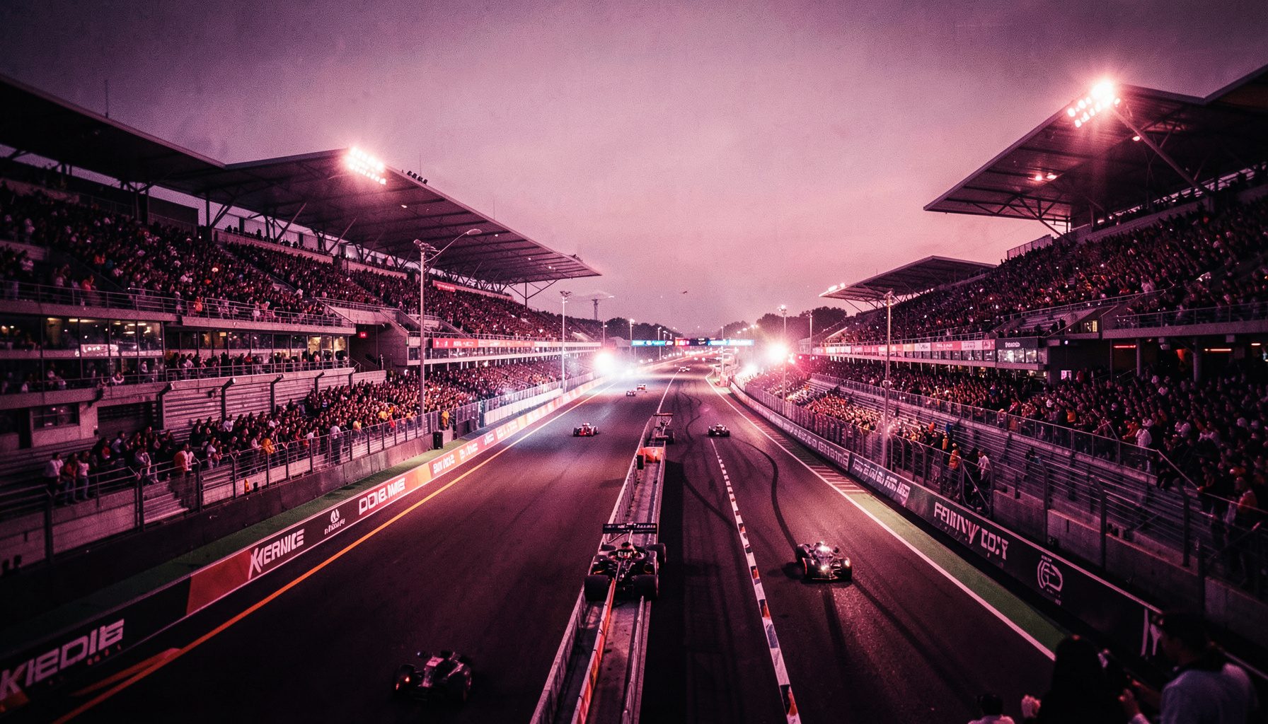 Circuit de Formule 1 vu du ciel avec tribunes et éclairage de course, ambiance dynamique