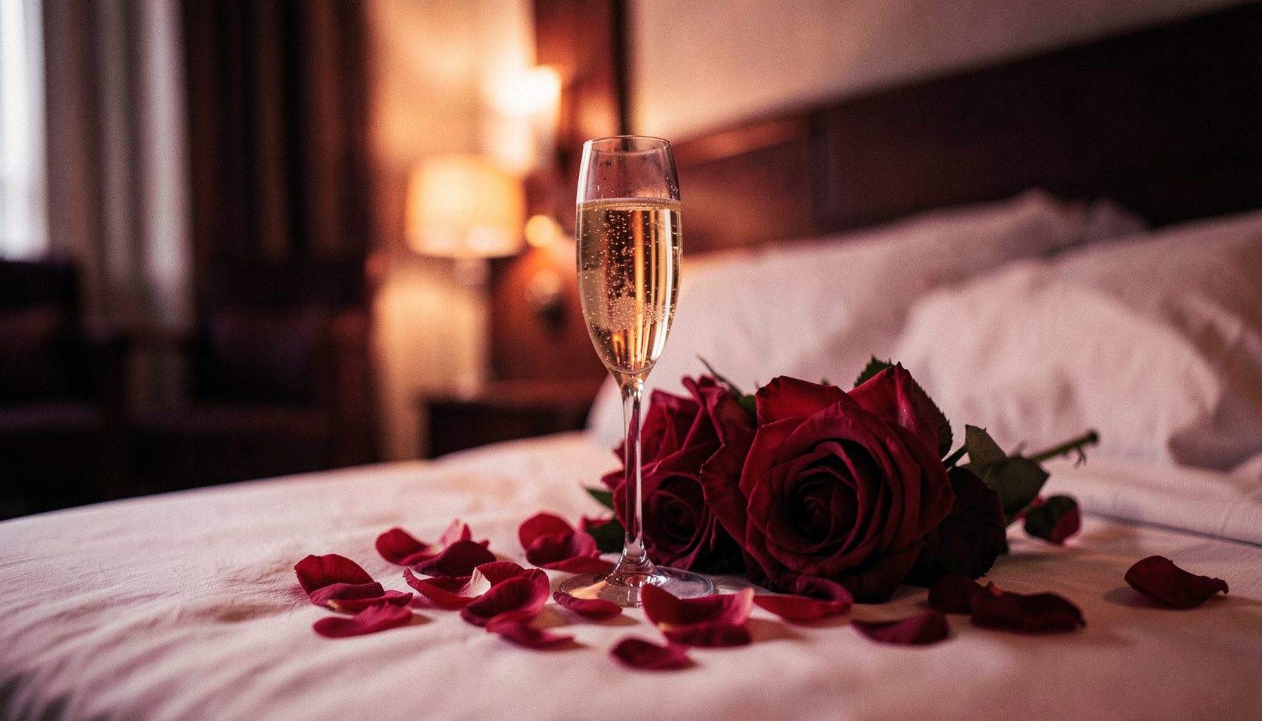 Coupe de champagne et pétales de rose sur un lit d'hôtel, ambiance romantique aux tons rouges et dorés