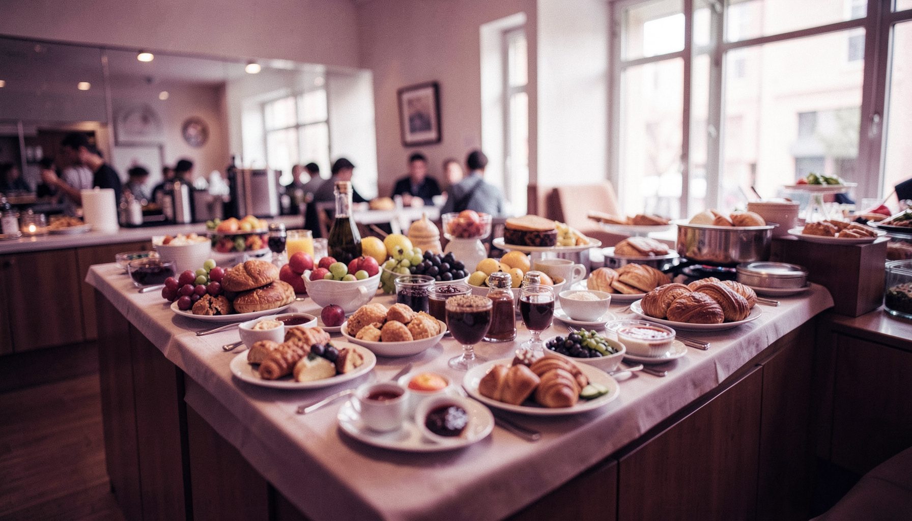 Petit-déjeuner buffet dans une salle lumineuse avec fruits frais, viennoiseries et café