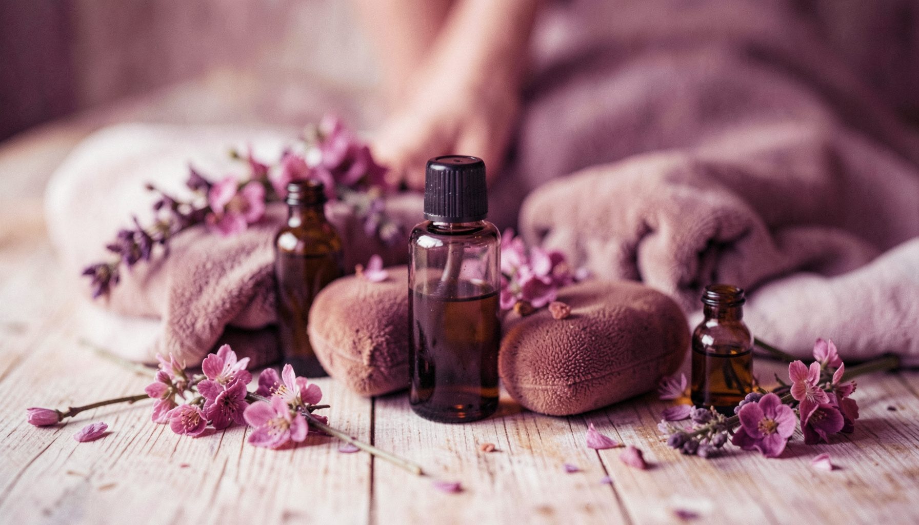 Pierres de massage, huiles essentielles et fleurs sur fond de bois clair, atmosphère zen