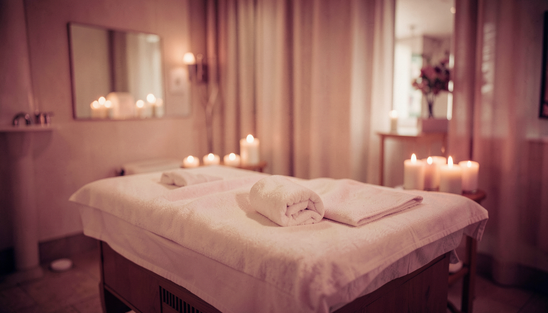 Salle de spa apaisante avec table de massage, bougies et serviettes blanches, tons crème et beige