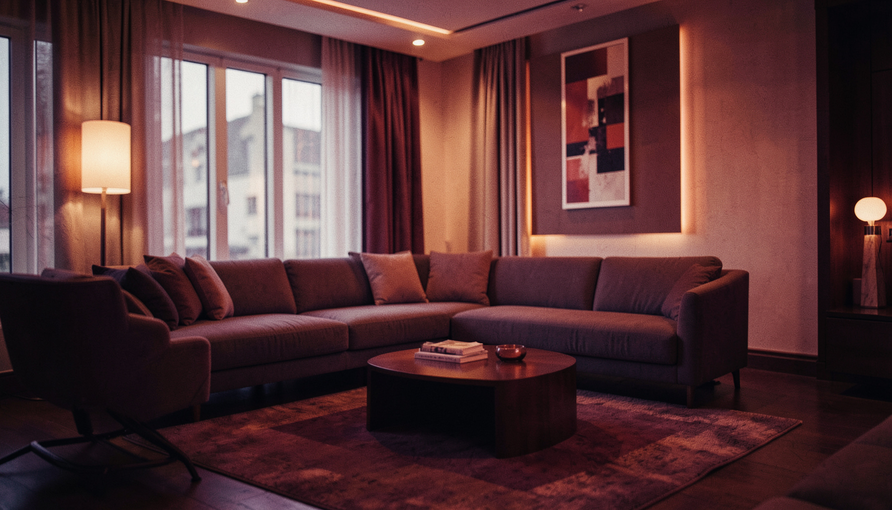 Salon d'une suite d'hôtel avec canapé moderne, table basse et décoration épurée aux tons chauds