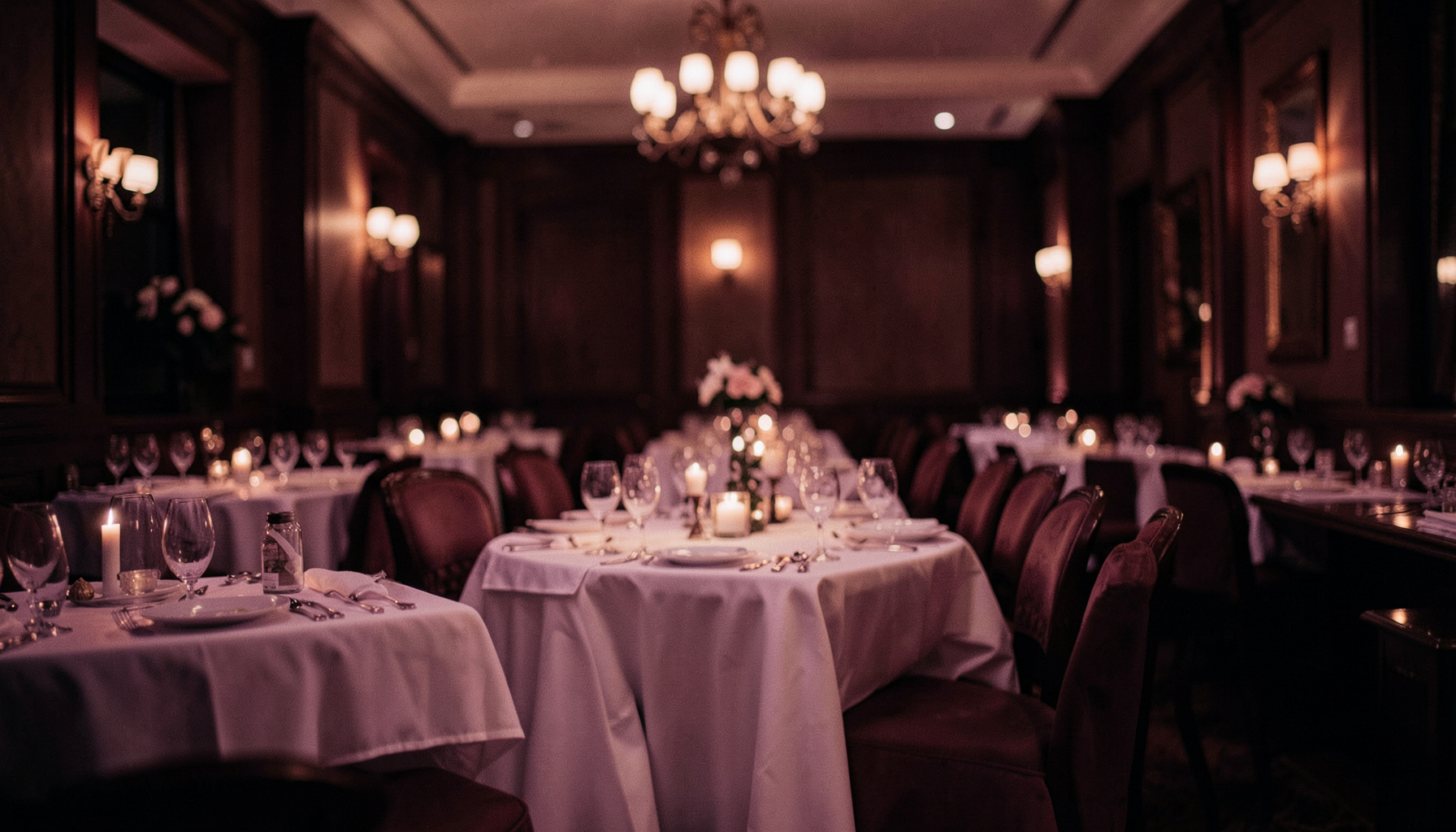 Salle de restaurant élégante avec tables dressées, éclairage tamisé et ambiance chaleureuse